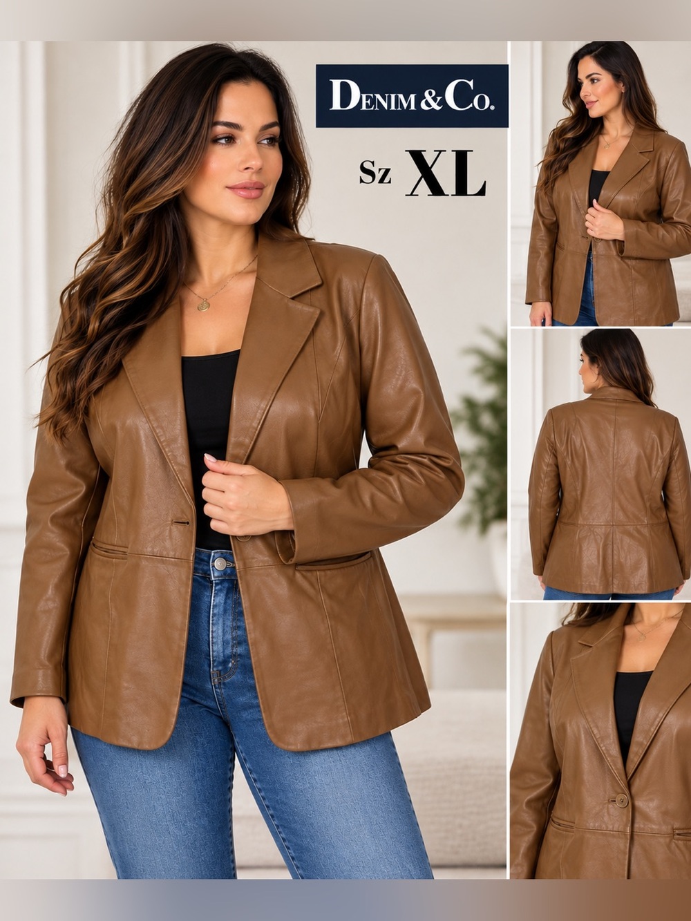 Denim&Co Women's Tan Faux Leather Blazer Jacket -  XL